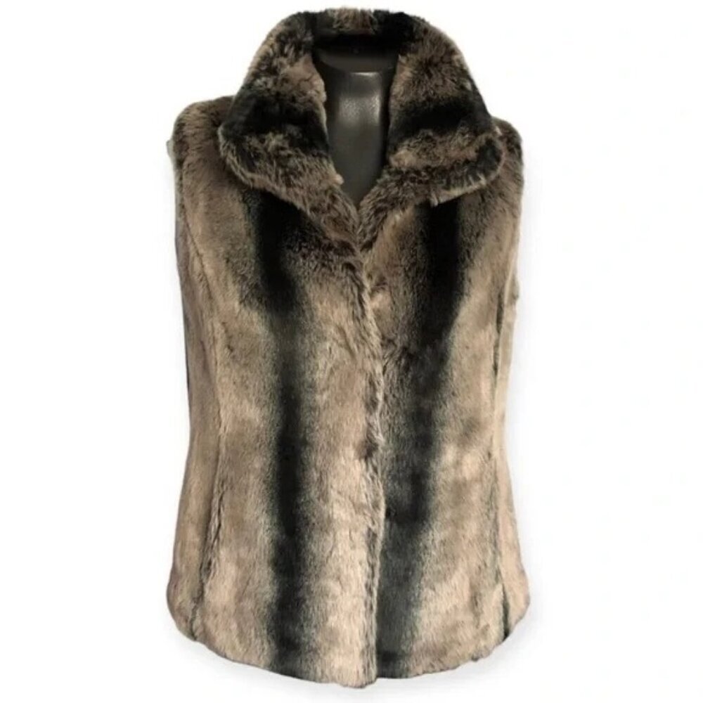 Kristen Blake Size XL Faux Fur Vest Brown Sleeveless Striped Plush Mock Collar